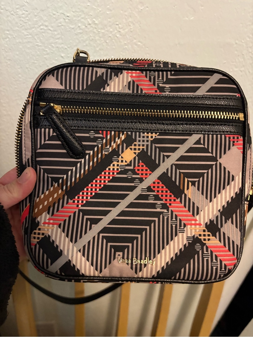 Vera Bradley Black Geometric Crossbody with Red & Tan Accents